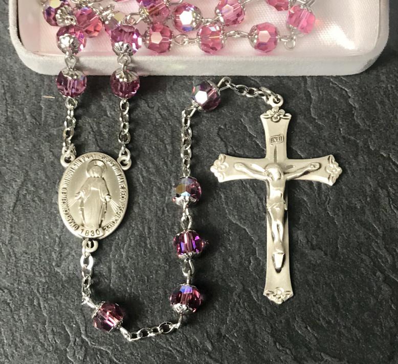 7mm ROUND ROSE AB SWAROVSKI DOUBLE CAPPED ALL STERLING ROSARY WITH STERLING SILVER WIRE, CHAIN, CROSS, & CENTER