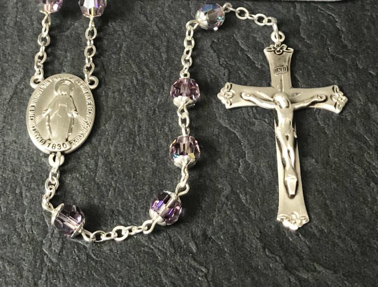 7mm ROUND AMETHYST AB SWAROVSKI DOUBLE CAPPED ALL STERLING ROSARY WITH STERLING SILVER WIRE, CHAIN, CROSS, & CENTER