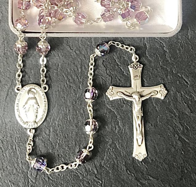 7mm ROUND AMETHYST AB SWAROVSKI DOUBLE CAPPED ALL STERLING ROSARY WITH STERLING SILVER WIRE, CHAIN, CROSS, & CENTER