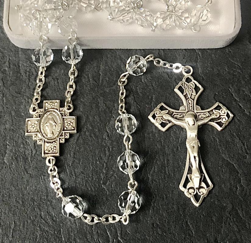 7mm ROUND SWAROVSKI CRYSTAL ALL STERLING EXCELSIOR ROSARY WITH STERLING SILVER WIRE, CHAIN, CROSS, & CENTER