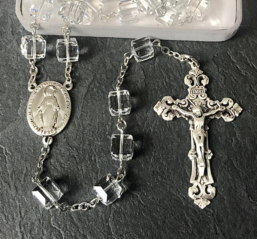 8mm ICE CUBE SWAROVSKI CRYSTAL ALL STERLING EXCELSIOR ROSARY WITH STERLING SILVER WIRE, CHAIN, CROSS, & CENTER