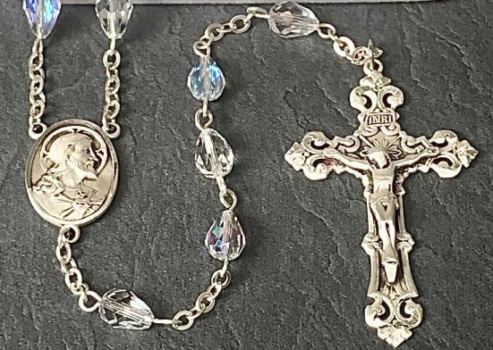 8x6mm TEARDROP SWAROVSKI CRYSTL AB ALL STERLING SILVER EXCELSIOR ROSARY WITH STERLING SILVER WIRE, CHAIN, CROSS, & CENTER