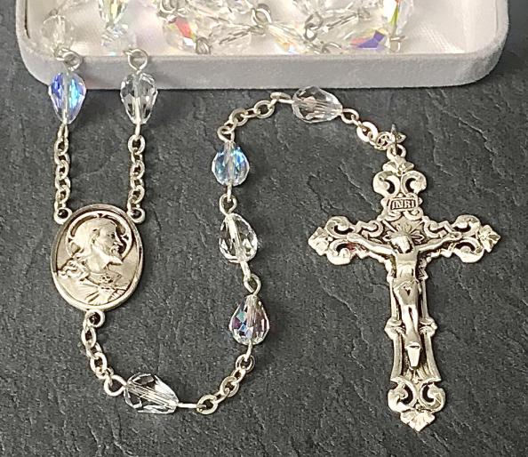 8x6mm TEARDROP SWAROVSKI CRYSTL AB ALL STERLING SILVER EXCELSIOR ROSARY WITH STERLING SILVER WIRE, CHAIN, CROSS, & CENTER