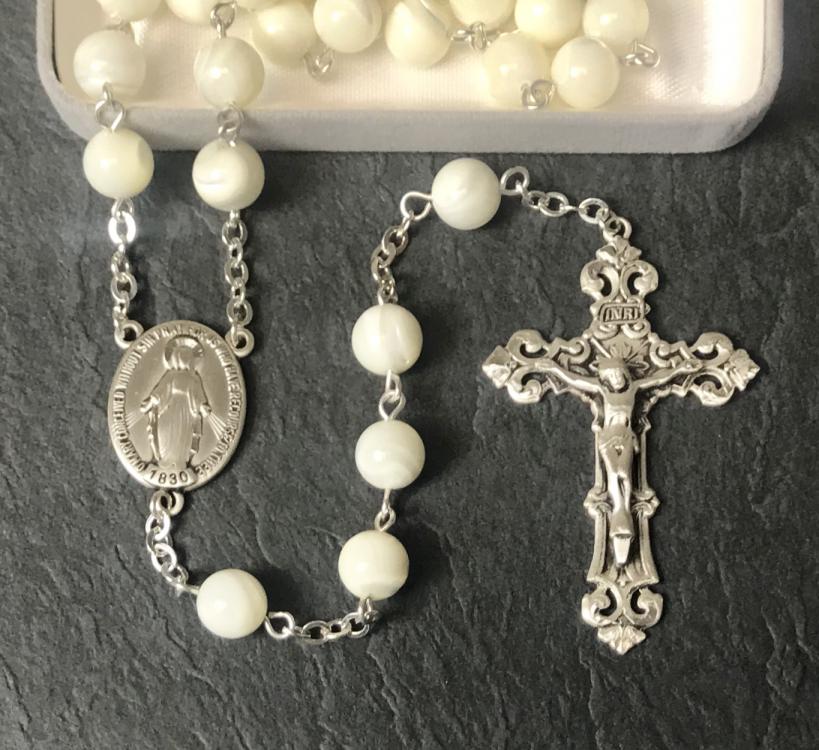 8mm ROUND MOTHER OF PEARL ALL STERLING EXCELSIOR ROSARY WITH STERLING SILVER WIRE, CHAIN, CROSS, & CENTER