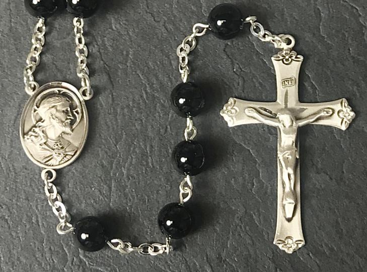 8mm ROUND ONYX GEMSTONE ALL STERLING EXCELSIOR ROSARY WITH STERLING SILVER WIRE, CHAIN, CROSS, & CENTER