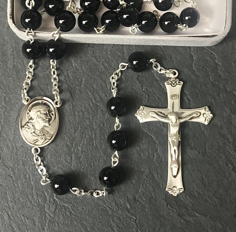 8mm ROUND ONYX GEMSTONE ALL STERLING EXCELSIOR ROSARY WITH STERLING SILVER WIRE, CHAIN, CROSS, & CENTER