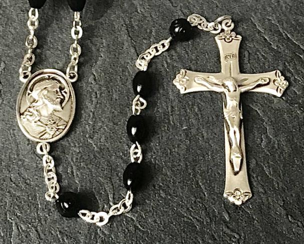 5x7mm OVAL BLACK COCO ALL STERLING EXCELSIOR ROSARY WITH STERLING SILVER WIRE, CHAIN, CROSS, & CENTER