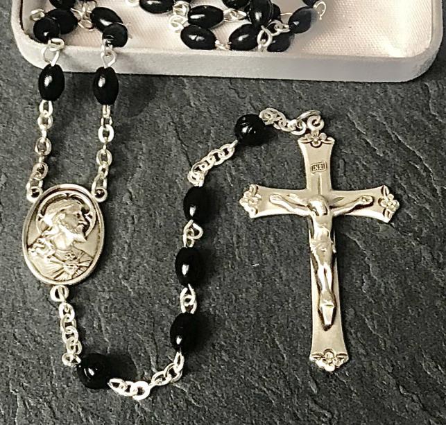 5x7mm OVAL BLACK COCO ALL STERLING EXCELSIOR ROSARY WITH STERLING SILVER WIRE, CHAIN, CROSS, & CENTER