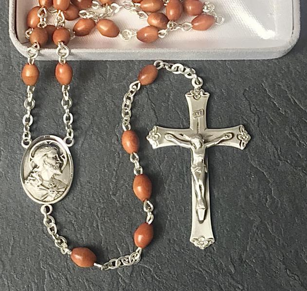 5x7mm OVAL BROWN COCO ALL STERLING SILVER EXCELSIOR ROSARY WITH STERLING SILVER WIRE, CHAIN, CROSS, & CENTER