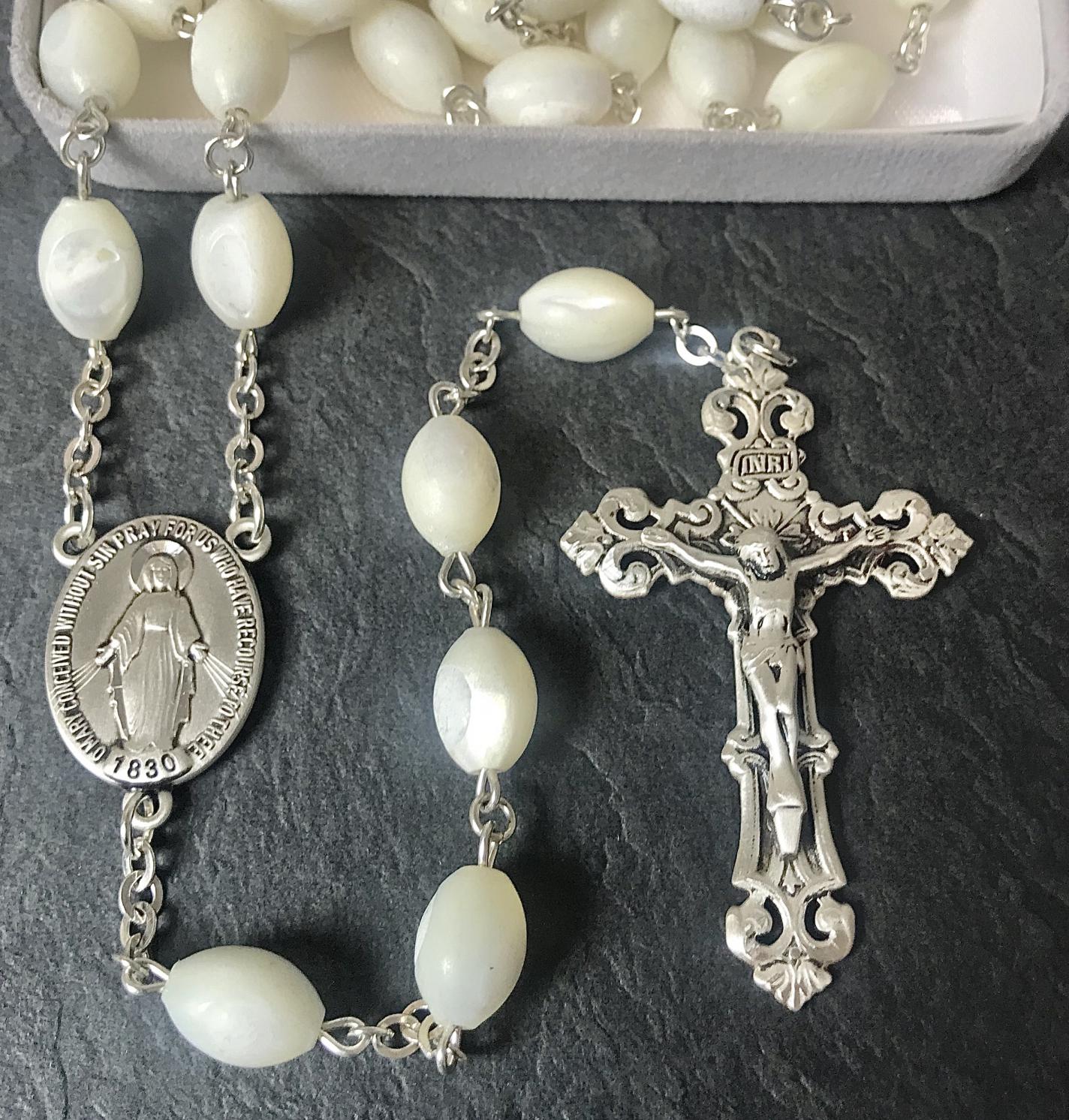8x11mm OVAL MOTHER OF PEARL ALL STERLING EXCELSIOR ROSARY WITH STERLING SILVER WIRE, CHAIN, CROSS, & CENTER