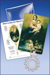 Our Lady of The Rosary Murillo Prayercard with Rosary Ring