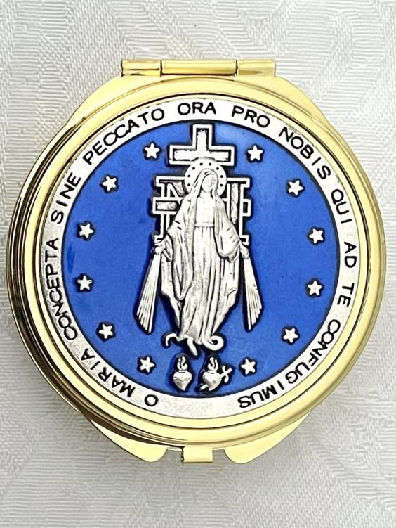 MIRACULOUS PYX/ROSARY BOX GOLD METAL WITH BLUE ENAMEL 2.5 in DIAMETER MIRACULOUS PYX/ROSARY BOX GOLD METAL WITH BLUE ENAMEL 2.5 in DIAMETER