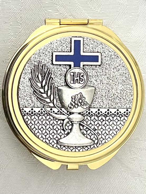 COMMUNION CHALICE PYX/ROSARY BOX GOLD METAL WITH BLUE ENAMEL 2.5 in DIAMETER COMMUNION CHALICE PYX/ROSARY BOX GOLD METAL WITH BLUE ENAMEL 2.5 in DIAMETER