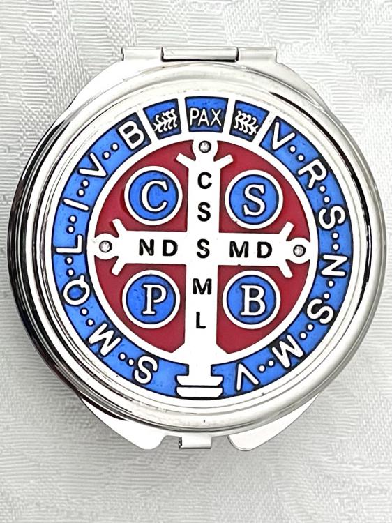 ST. BENEDICT PYX/ROSARY BOX RHODIUM METAL WITH RED AND BLUE ENAMEL 2.5 in DIAMETER ST. BENEDICT PYX/ROSARY BOX RHODIUM METAL WITH RED AND BLUE ENAMEL 2.5 in DIAMETER
