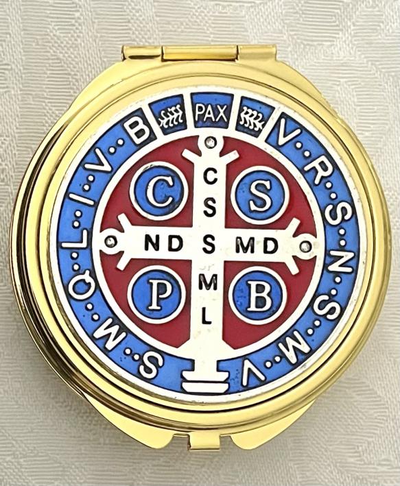 ST. BENEDICT PYX/ROSARY BOX GOLD METAL WITH RED AND BLUE ENAMEL 2.5 in DIAMETER ST. BENEDICT PYX/ROSARY BOX GOLD METAL WITH RED AND BLUE ENAMEL 2.5 in DIAMETER