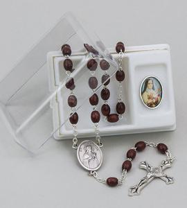 5X7mm OVAL WOOD ST THERESE RELIC ROSARY WITH LAPEL PIN