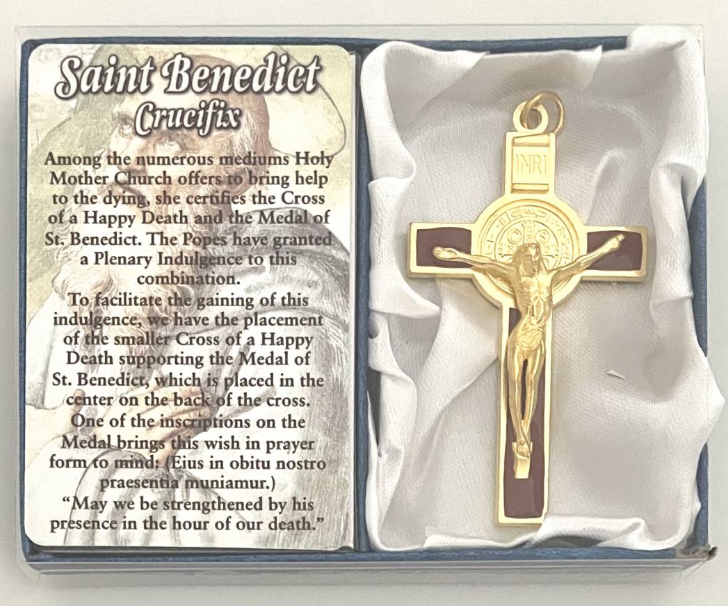 3 in Brown Enameled Saint Benedict Cross with Prayer Card Gift Boxed