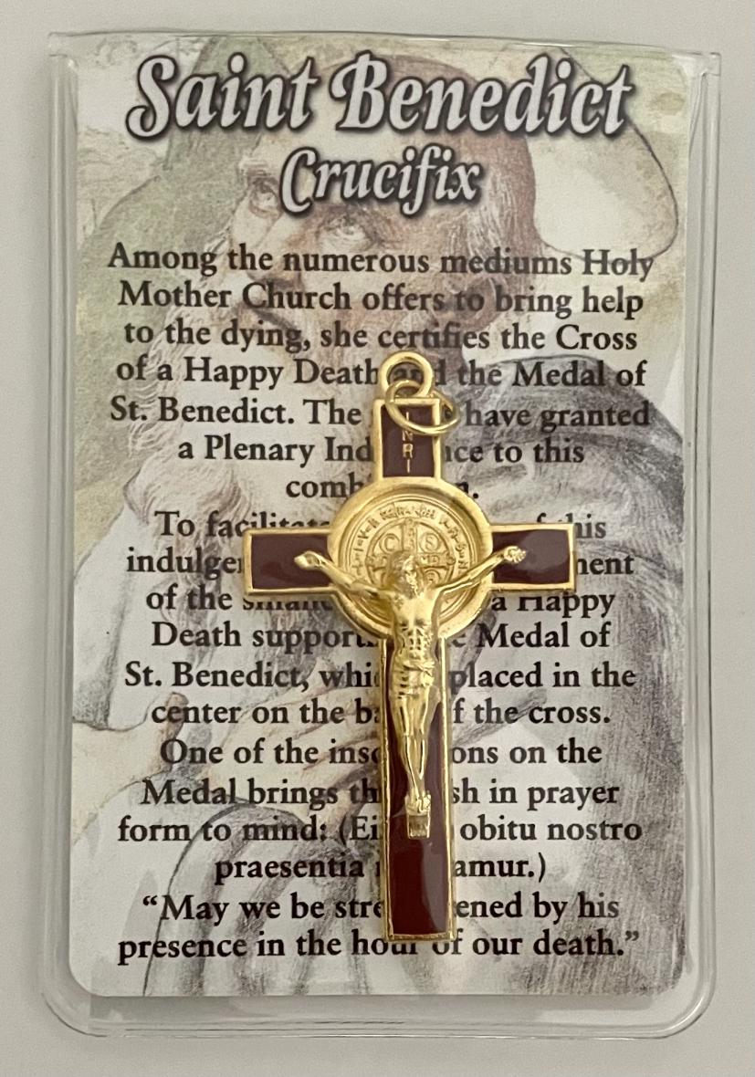 2 in Brown Enameled Saint Benedict Cross with Prayer Card in Pouch