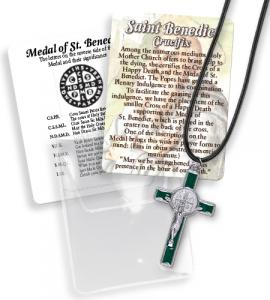 2 in Green Saint Benedict Cross on Cord Pouched