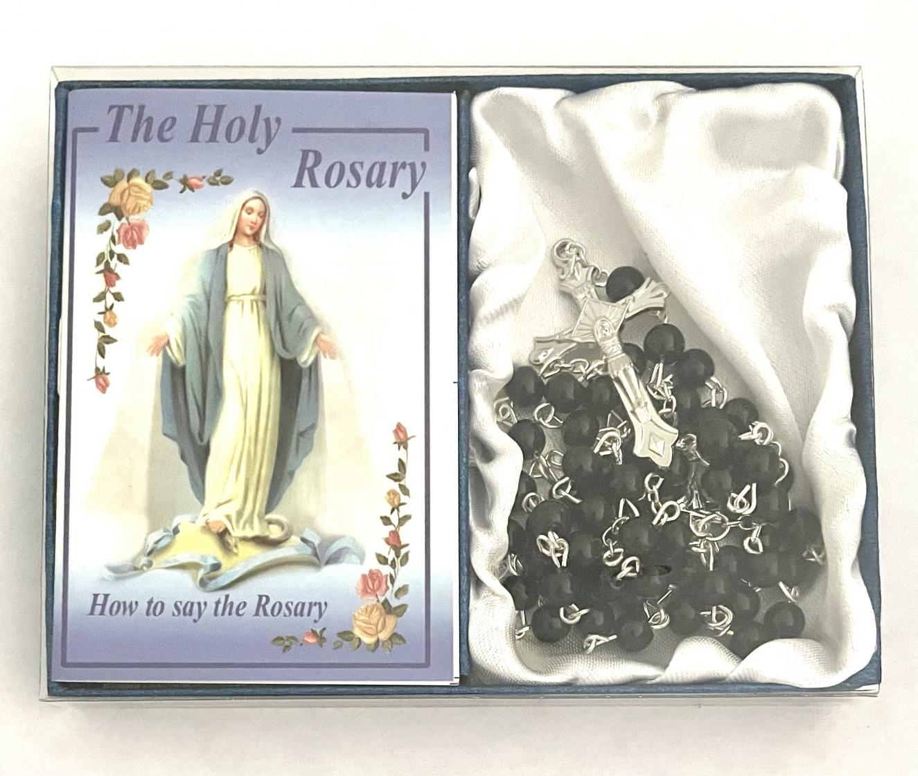 6mm Black Rosary with How To Say The Rosary Booklet in Blue Box