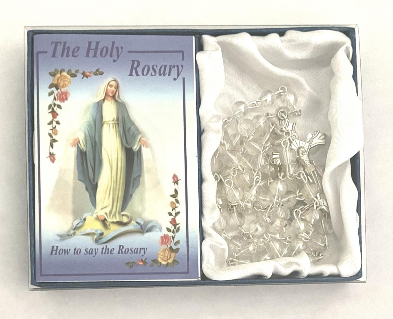 6mm Crystal Rosary with How To Say The Rosary Booklet in Blue Box