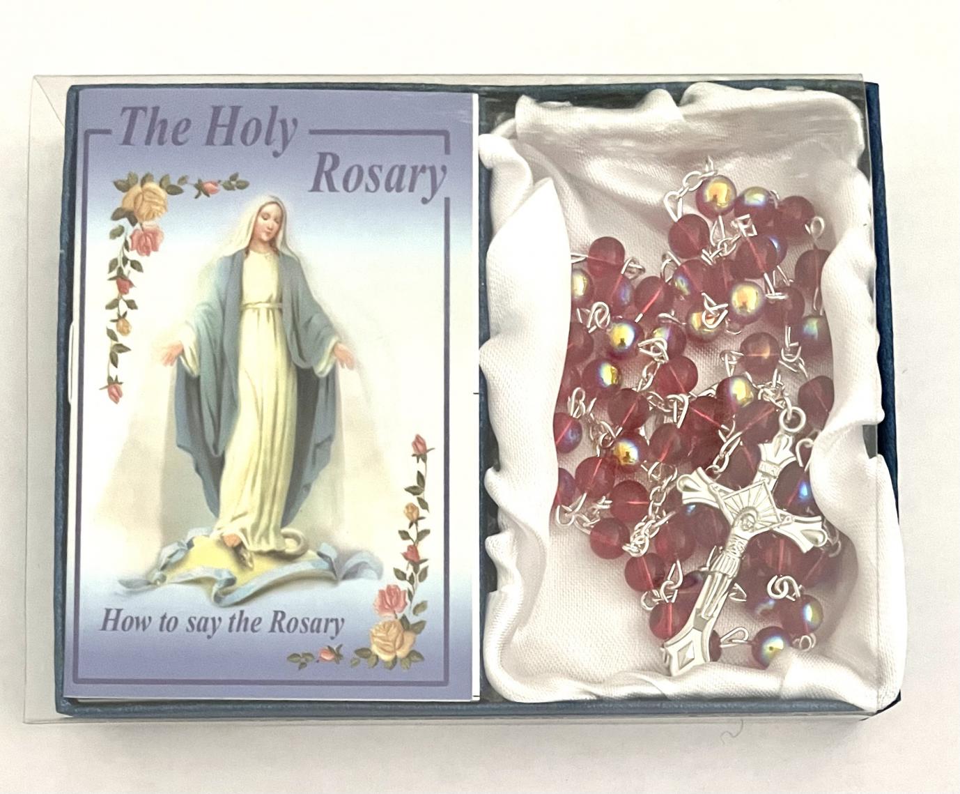 6mm Ruby Rosary with How To Say The Rosary Booklet in Blue Box