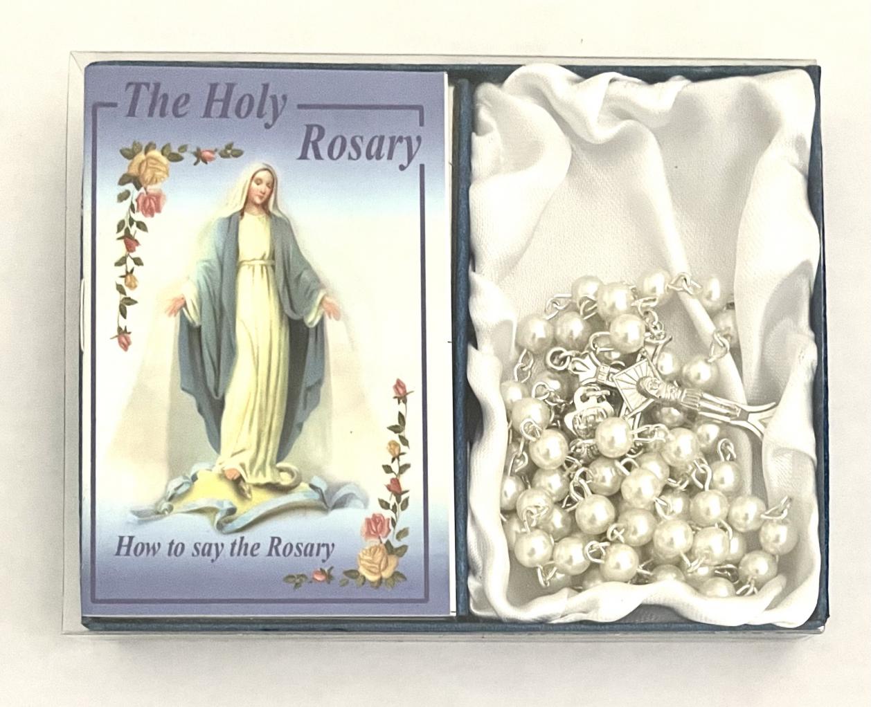 6mm Pearl Rosary with How To Say The Rosary Booklet in Blue Box