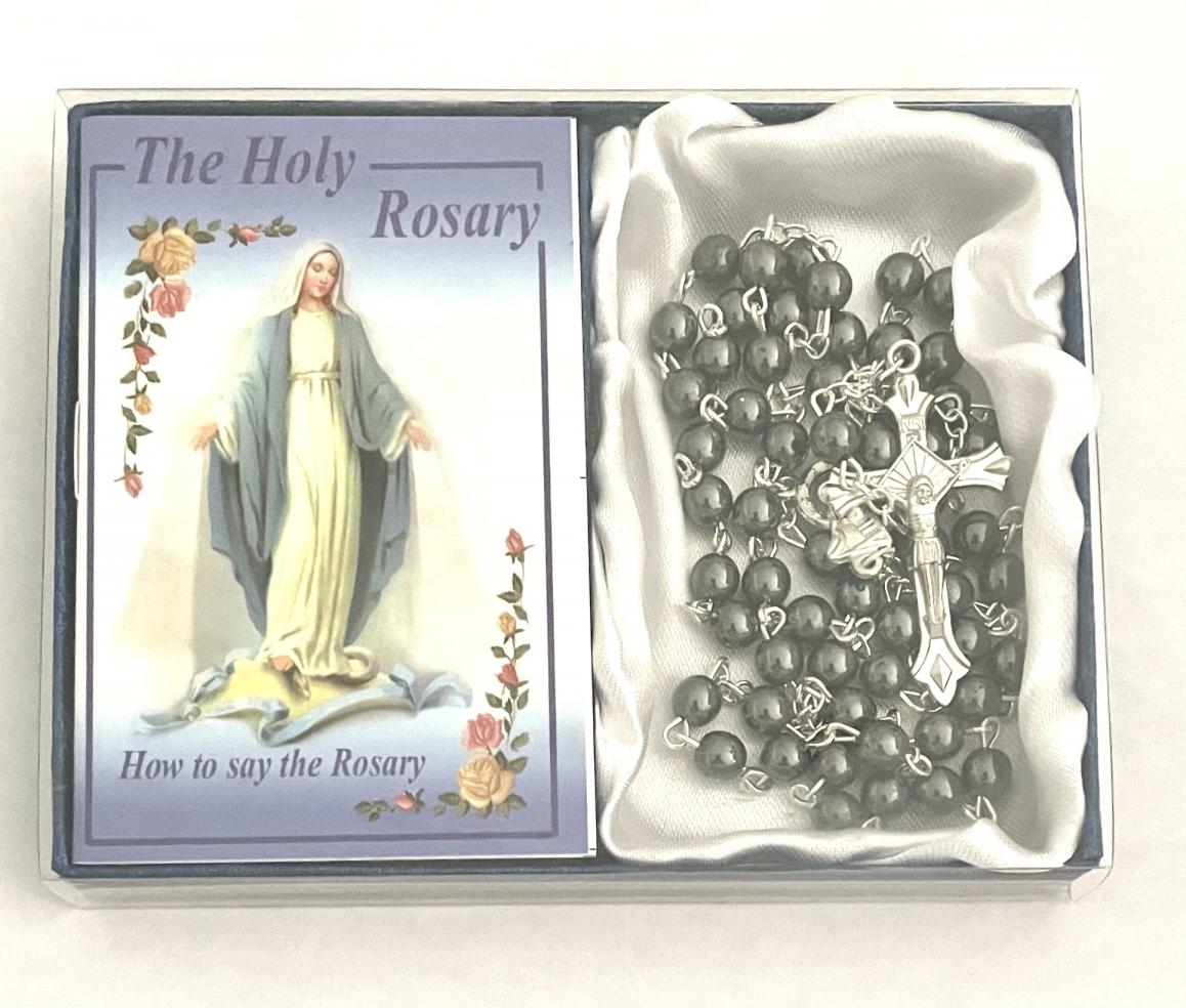 6mm Hematite Rosary with How To Say The Rosary Booklet in Blue Box