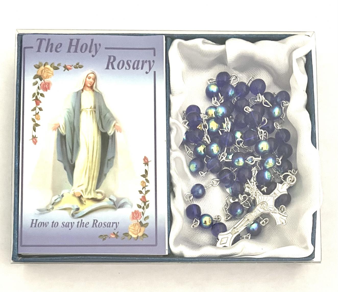 6mm Sapphire Rosary with How To Say The Rosary Booklet in Blue Box