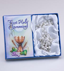 First Communion Generic Rosary And Prayer Card - Pearl