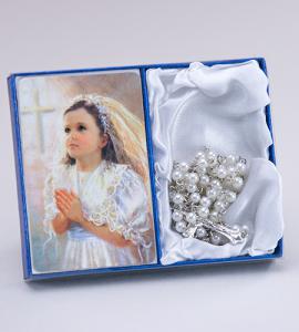First Communion Fincher Girl Rosary & Prayer Card - Pearl