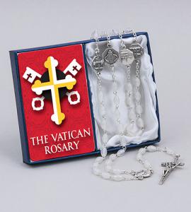 6mm X 8mm Pearl Vatican Rosary with Prayer Card Blue Box