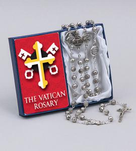 6mm Silver Vatican Rosary with Prayer card Blue Box