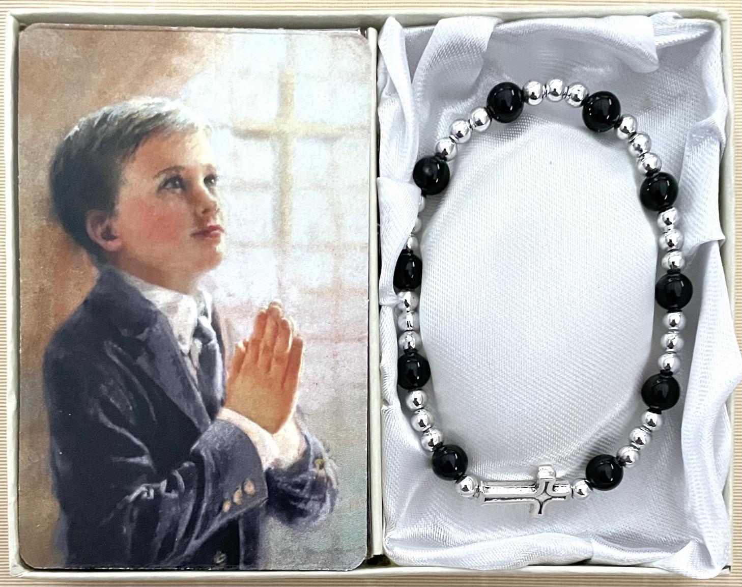 6mm Black Onyx First Communion Bracelet Gift Boxed with Prayer Card that can be Personalized
