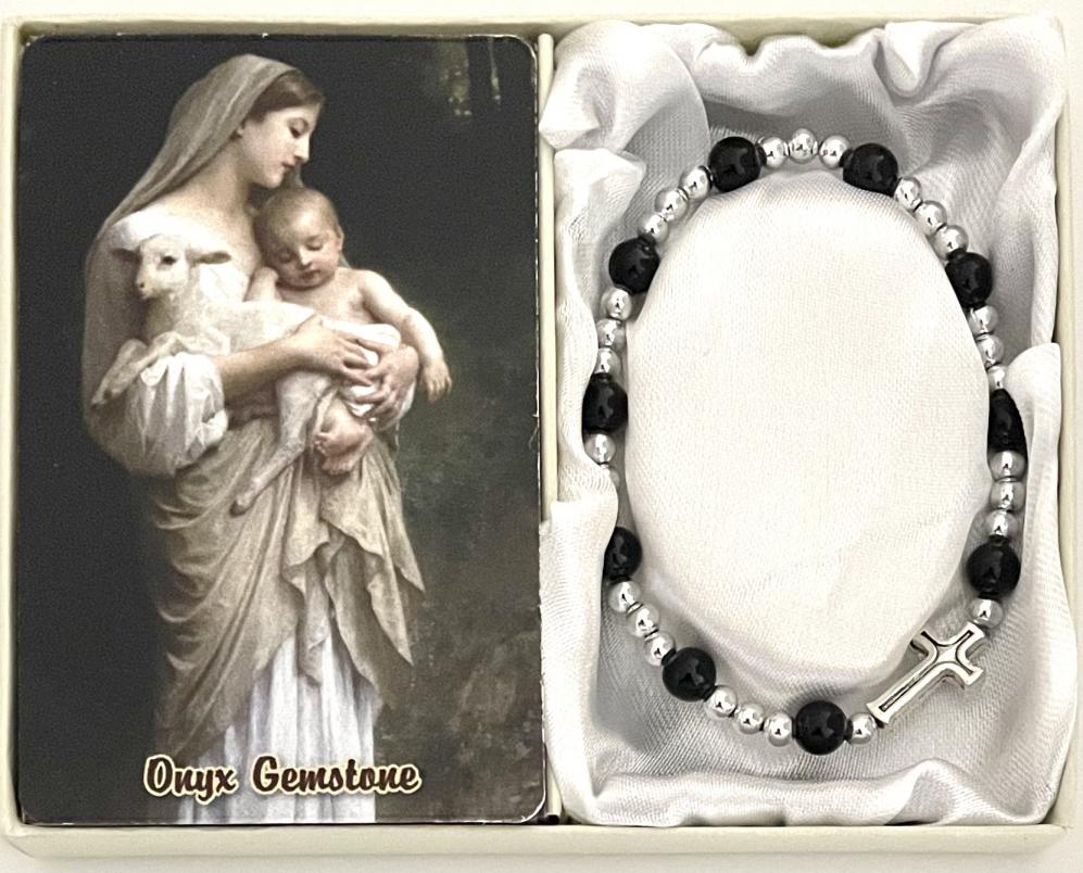 6mm ONYX GEMSTONE STRETCH BRACELET with PRAYER CARD GIFT BOXED