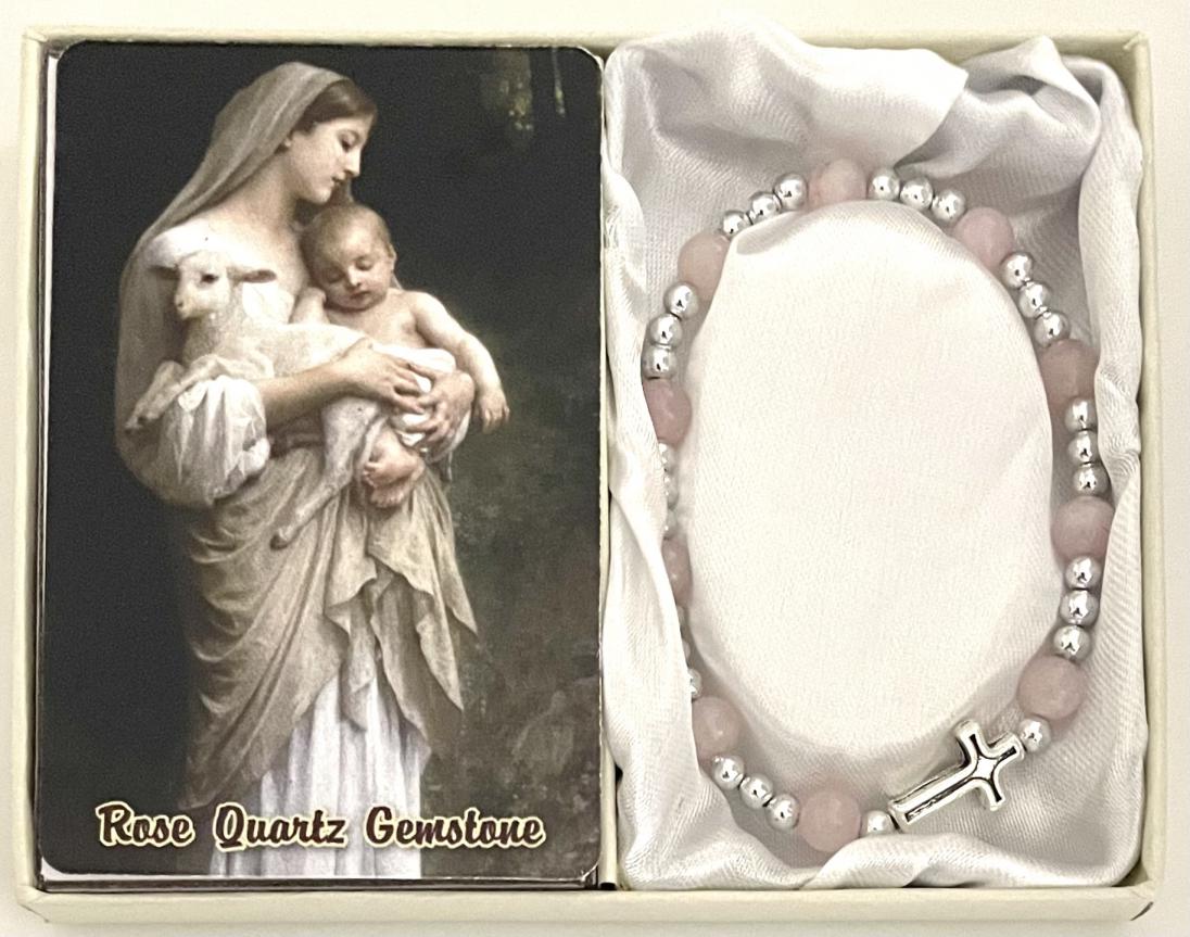 6mm ROSE QUARTZ GEMSTONE STRETCH BRACELET with PRAYER CARD GIFT BOXED