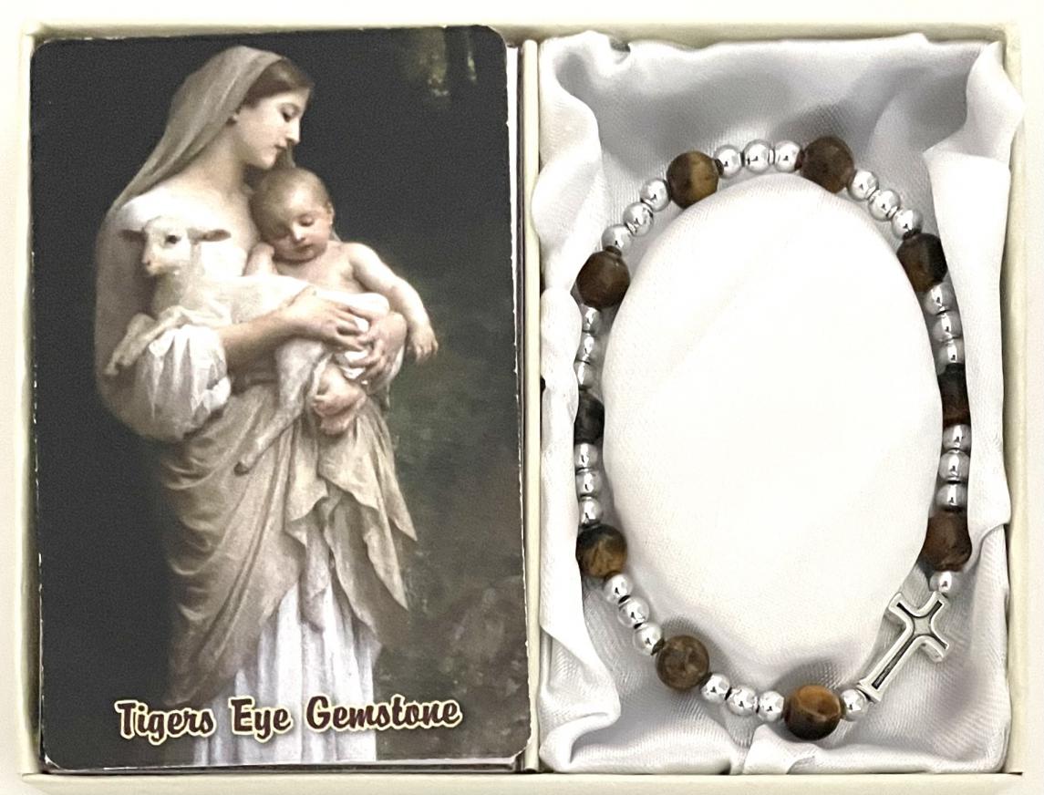 6mm TIGERS EYE GEMSTONE STRETCH BRACELET with PRAYER CARD GIFT BOXED