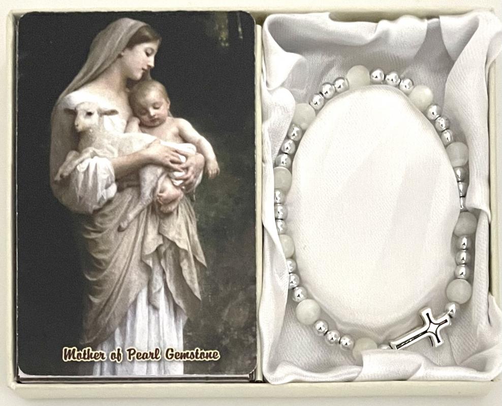 6mm MOTHER OF PEARL GEMSTONE STRETCH BRACELET with PRAYER CARD GIFT BOXED