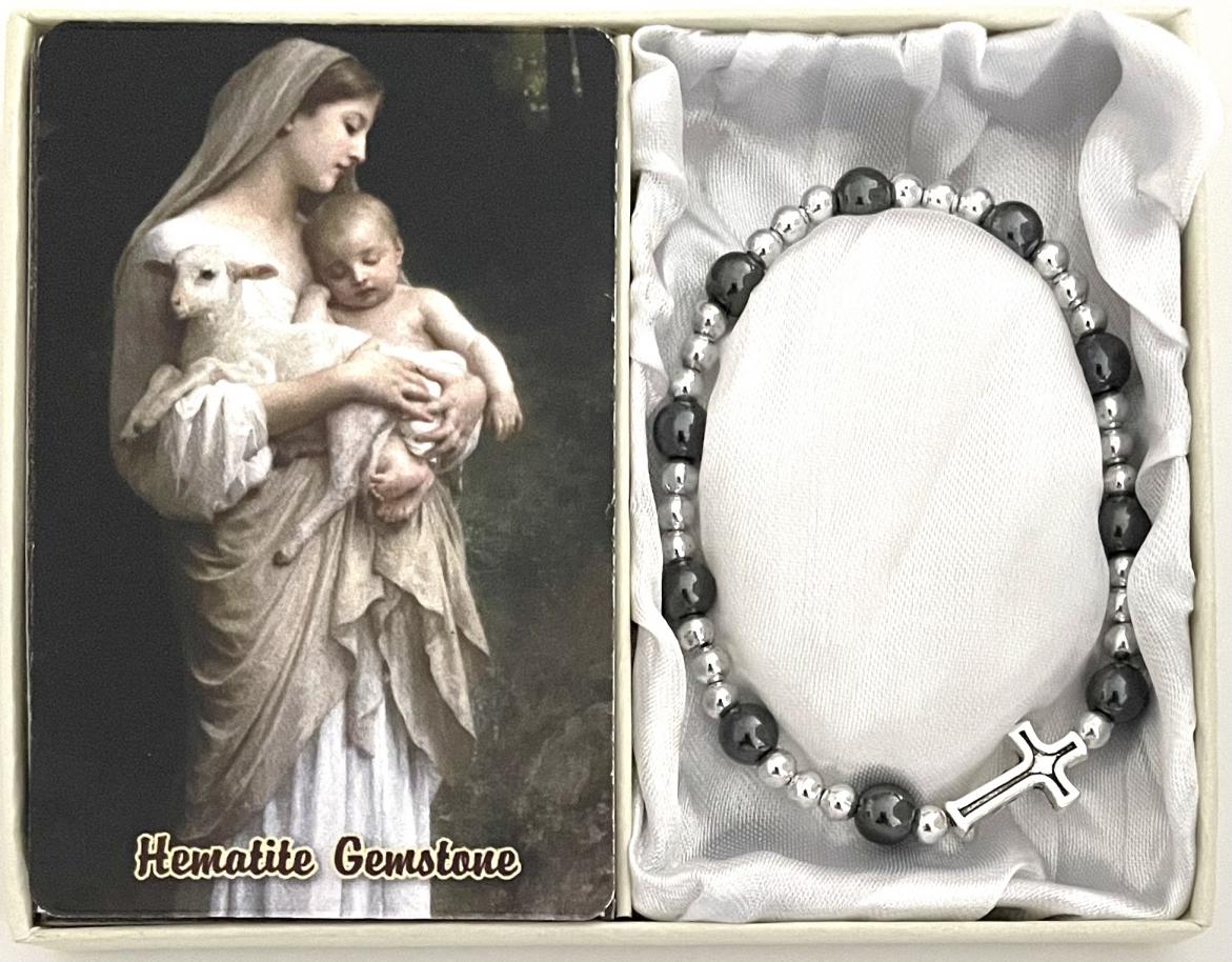 6mm HEMATITE GEMSTONE STRETCH BRACELET with PRAYER CARD GIFT BOXED