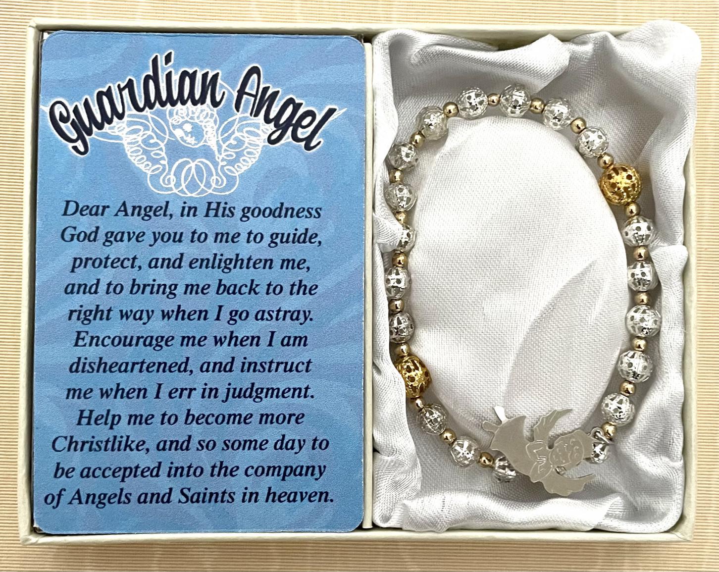 Guardian Angel Bracelet made with Silver and Gold Filigree Beads and Angel Charm. Gift Boxed with Prayer Card.