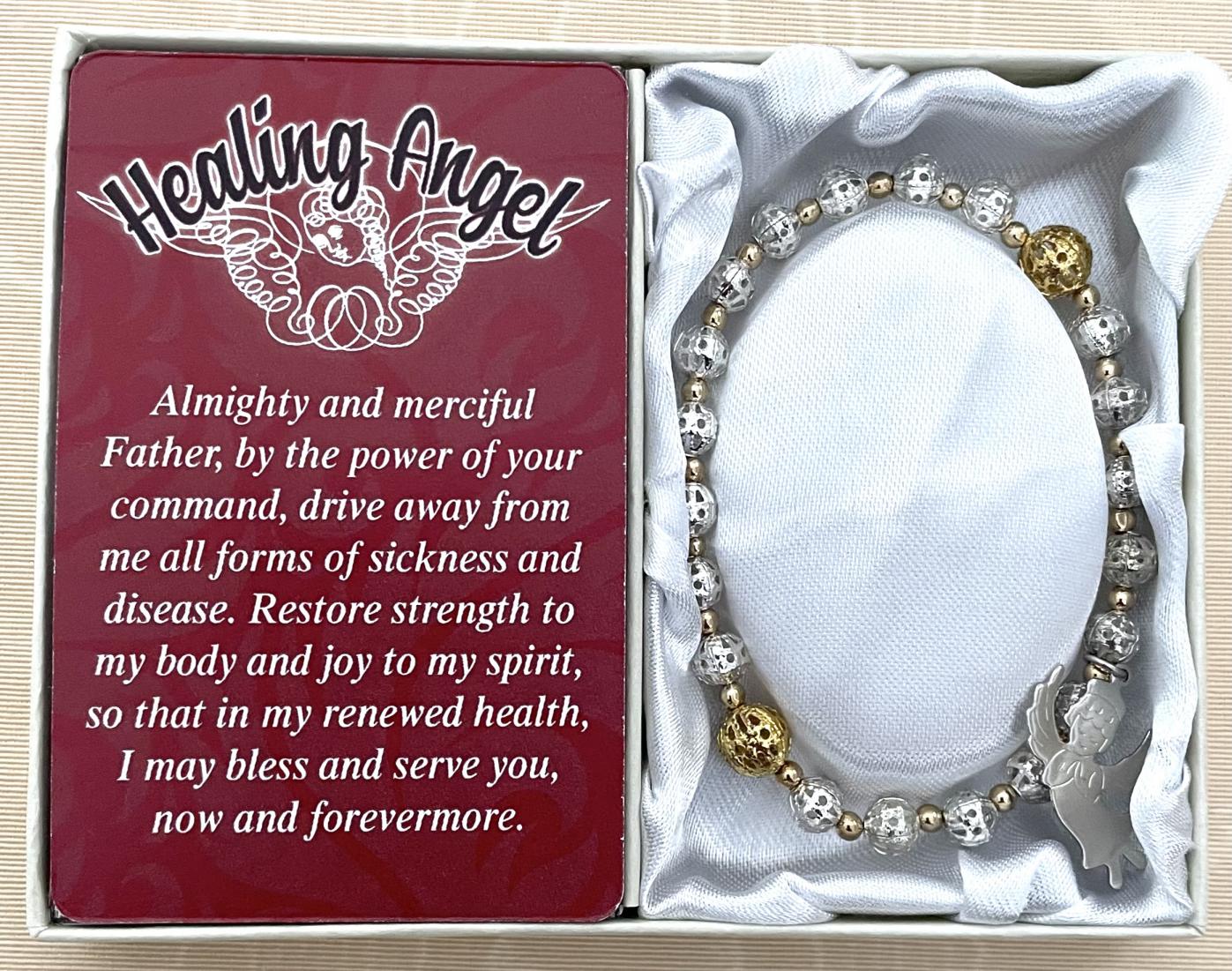 Healing Angel Bracelet made with Silver and Gold Filigree Beads and Angel Charm. Gift Boxed with Prayer Card.