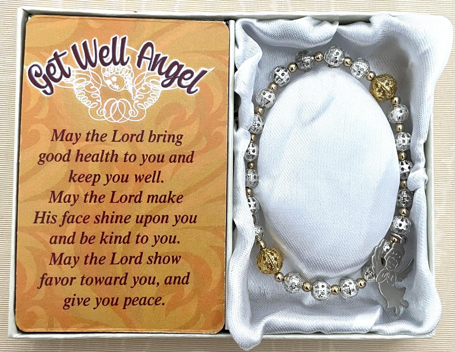 Get Well Angel Bracelet made with Silver and Gold Filigree Beads and Angel Charm. Gift Boxed with Prayer Card.