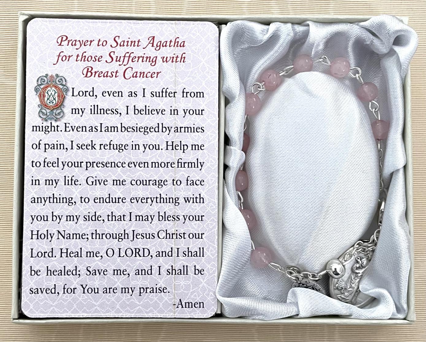 Saint Agatha-Breast Cancer Healing Bracelet. Gemstone Rosary Bracelet with Oxidized Medal and Prayer Card with Healing Prayer on Back. Gift Boxed