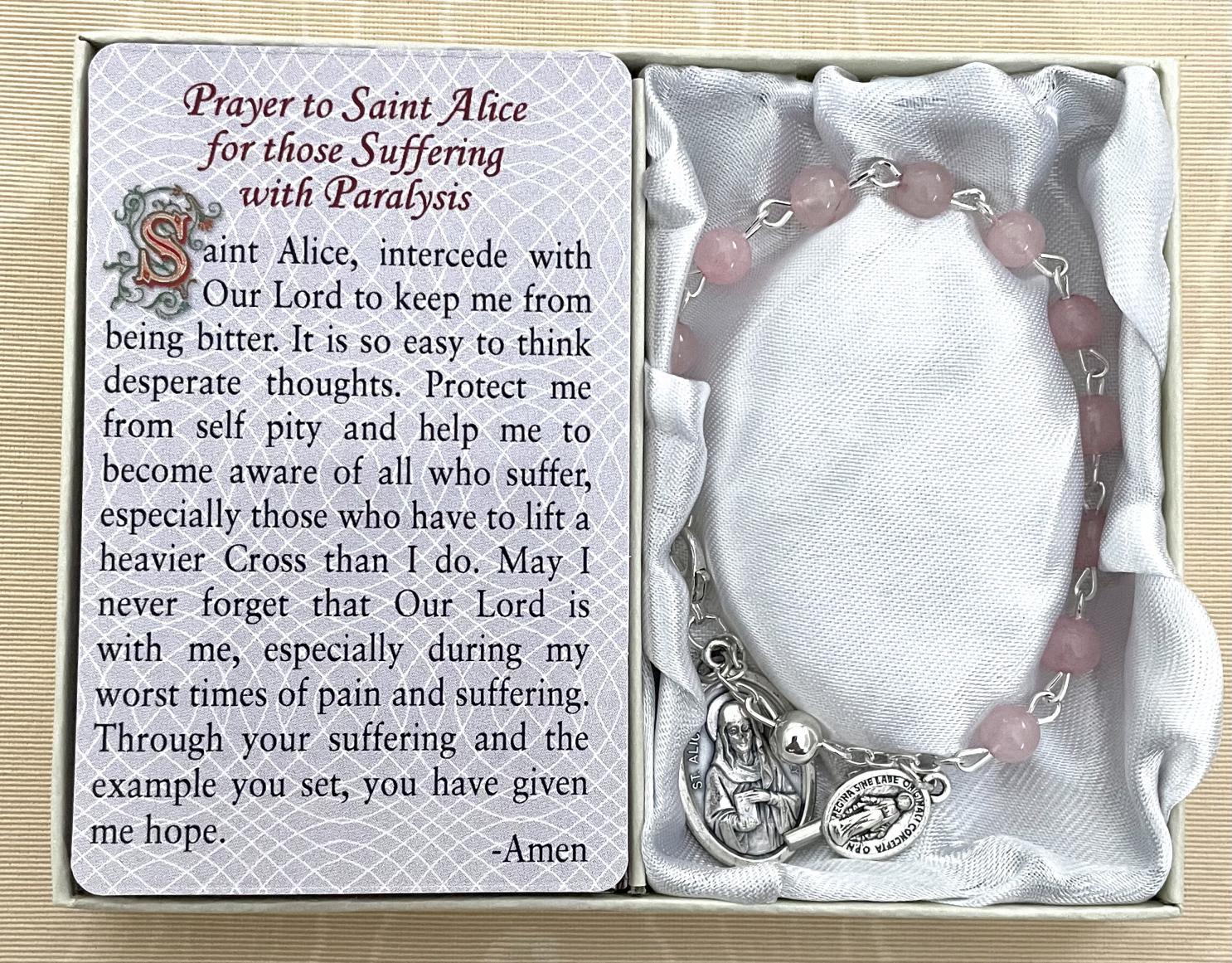 Saint Alice-Paralysis Healing Bracelet. Gemstone Rosary Bracelet with Oxidized Medal and Prayer Card with Healing Prayer on Back. Gift Boxed