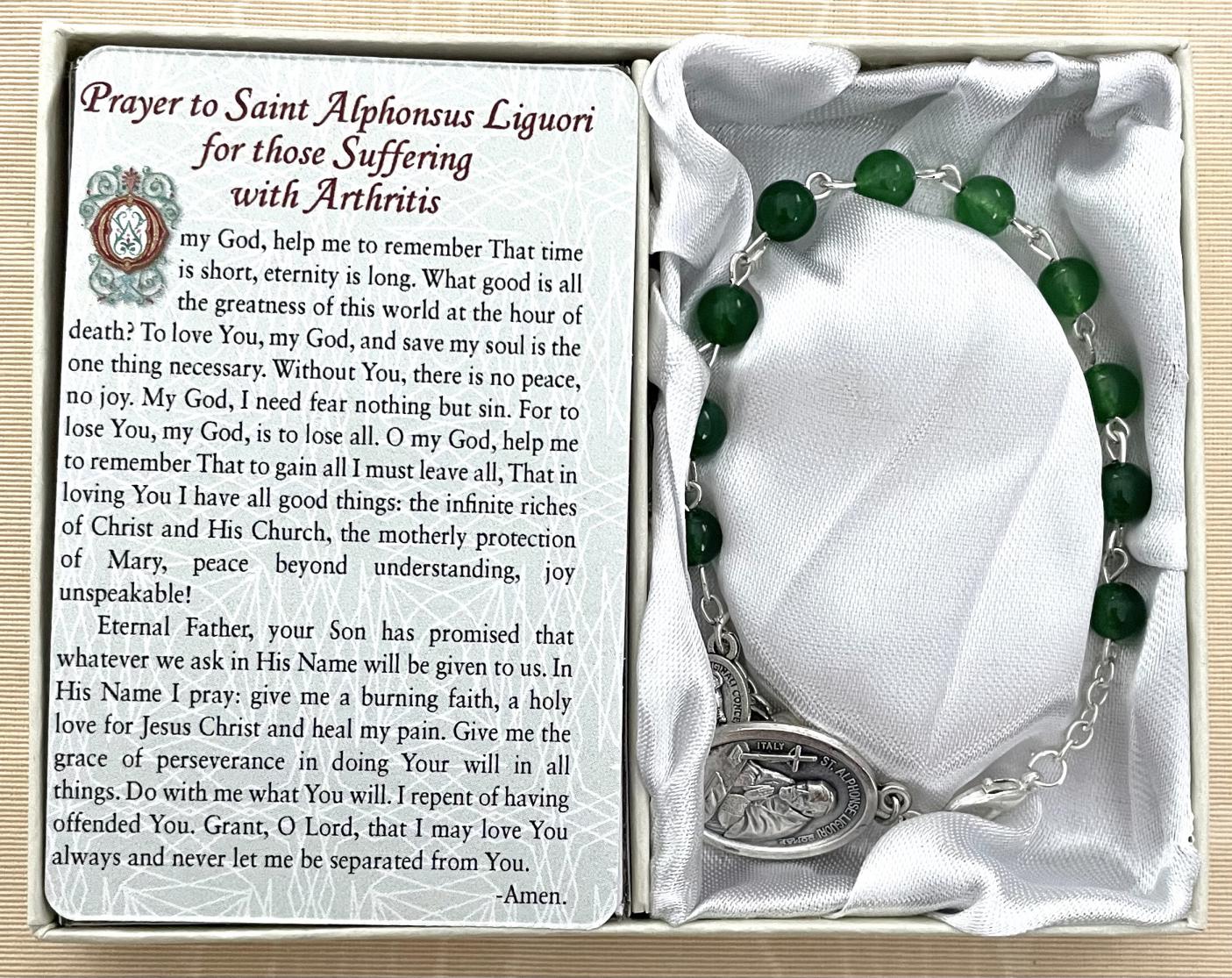 Saint Alphonsus Liguori-Arthritis Healing Bracelet. Gemstone Rosary Bracelet with Oxidized Medal and Prayer Card with Healing Prayer on Back. Gift Boxed