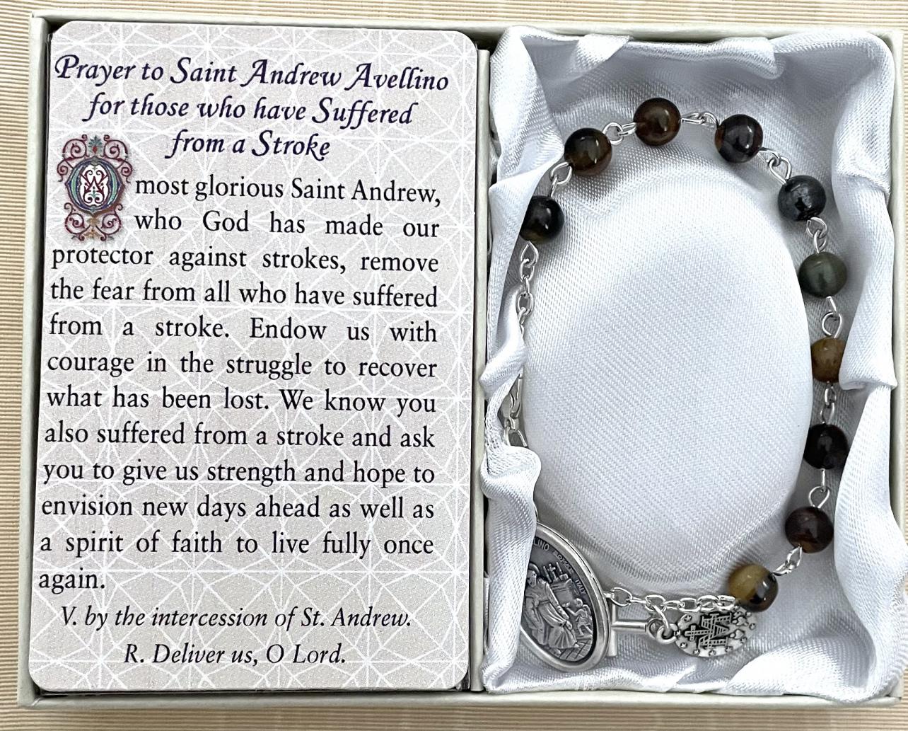 Saint Andrew Avellino-Stroke Healing Bracelet. Gemstone Rosary Bracelet with Oxidized Medal and Prayer Card with Healing Prayer on Back. Gift Boxed
