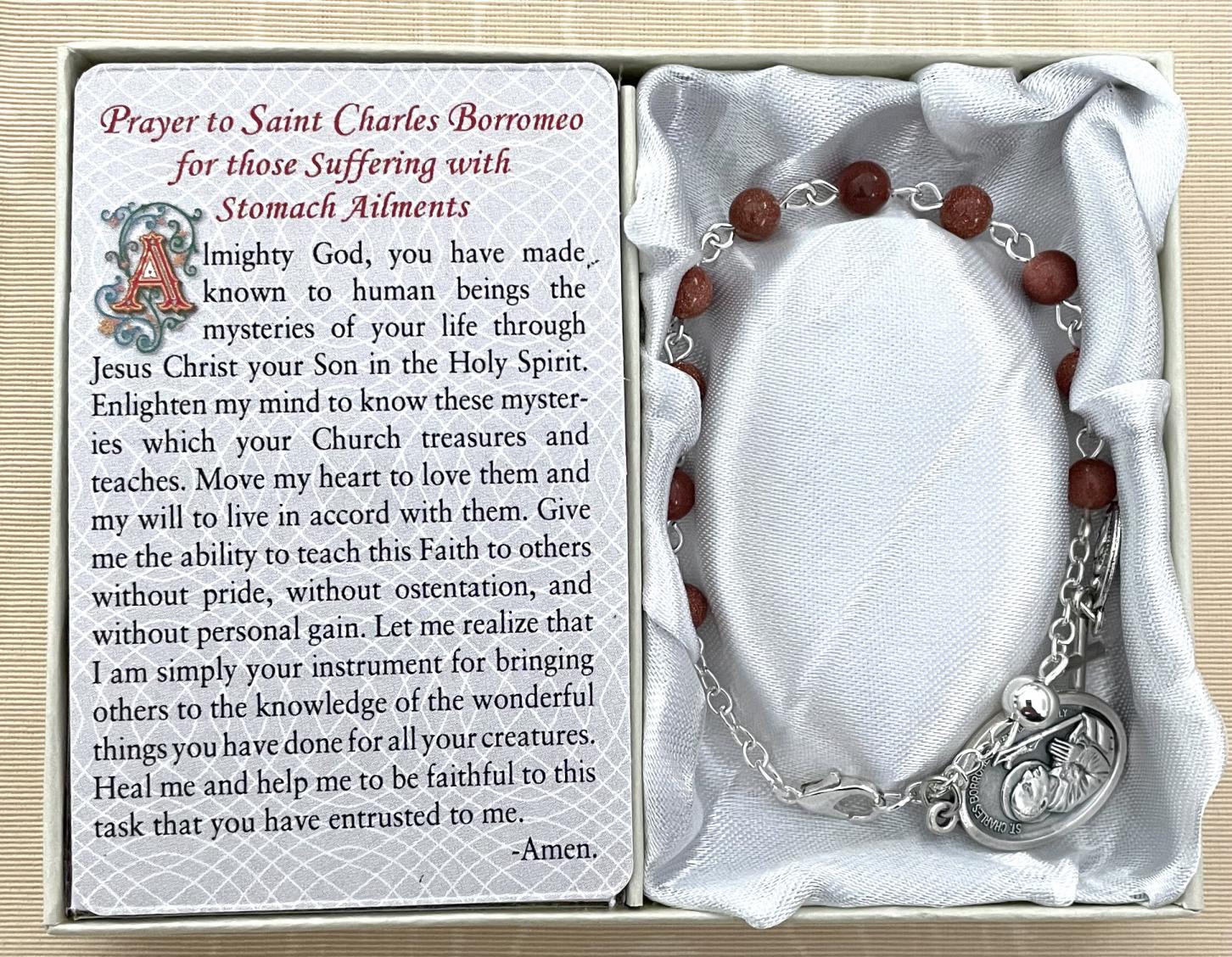 Saint Borremeo Avellino-Stomach Ailments Healing Bracelet. Gemstone Rosary Bracelet with Oxidized Medal and Prayer Card with Healing Prayer on Back. Gift Boxed