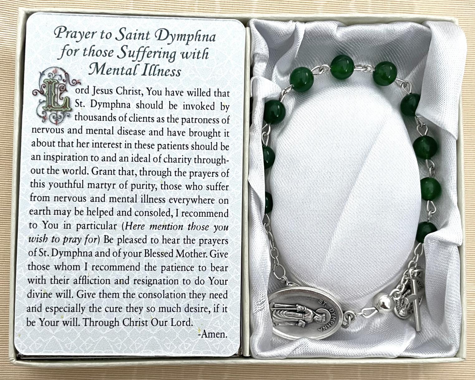 Saint Dymphna-Mental Illness Healing Bracelet. Gemstone Rosary Bracelet with Oxidized Medal and Prayer Card with Healing Prayer on Back. Gift Boxed