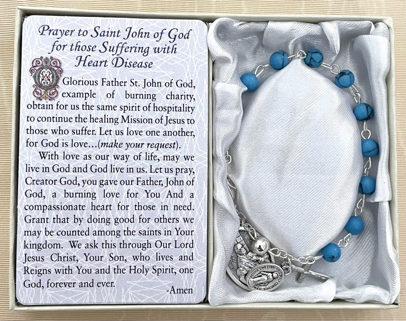 Saint John of God-Heart Disease Healing Bracelet. Gemstone Rosary Bracelet with Oxidized Medal and Prayer Card with Healing Prayer on Back. Gift Boxed