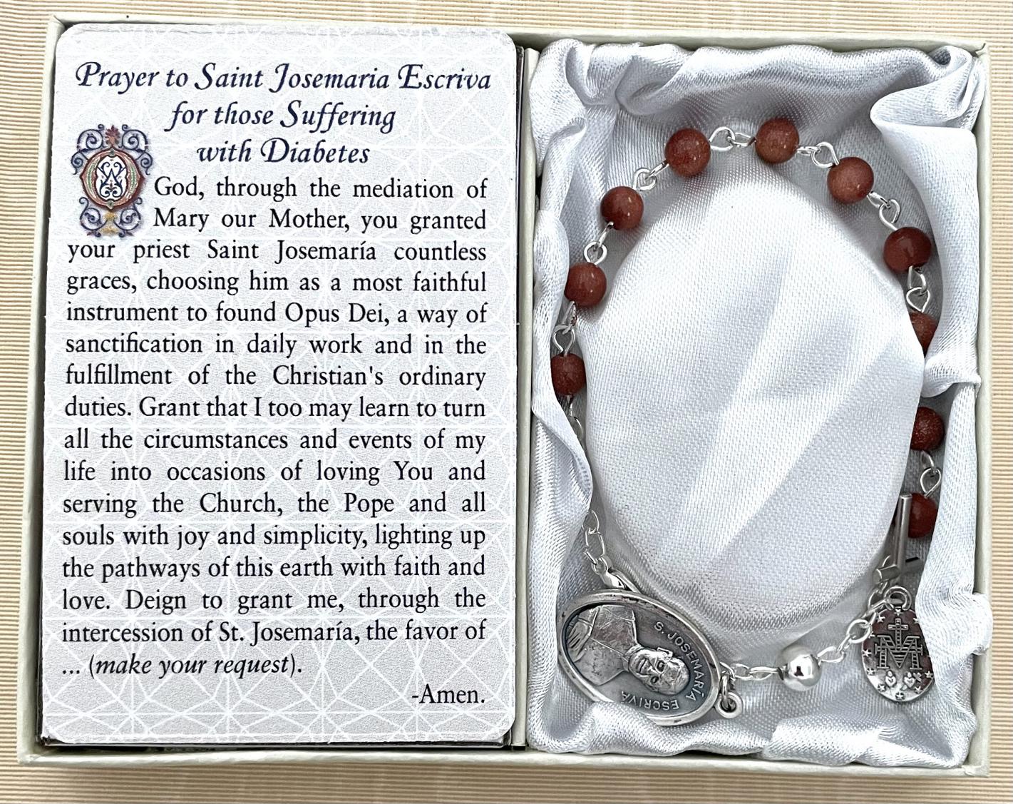 Saint Josemaria Escriva-Diabetes Healing Bracelet. Gemstone Rosary Bracelet with Oxidized Medal and Prayer Card with Healing Prayer on Back. Gift Boxed